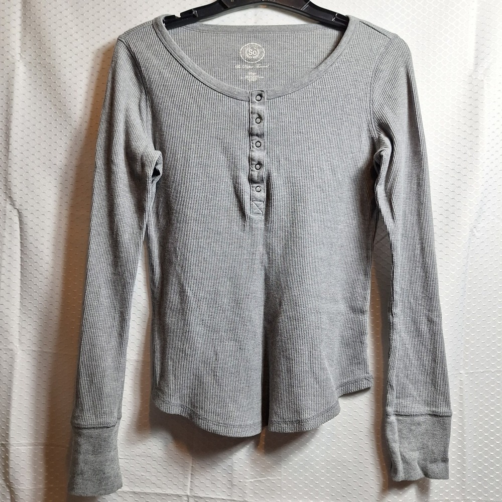SO Perfect Thermal 90s Y2K Henley Top Sz L Gray Ribbed Stretch Boho Grunge L/S